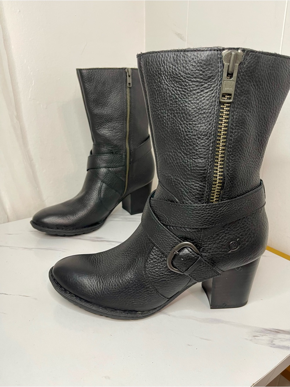 Born Black Leather Mid-Calf Zip Buckle Heeled Boots Sz 10